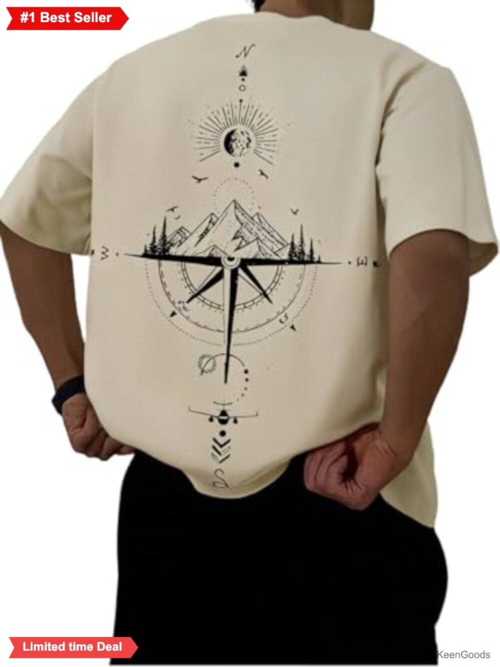 Men's Drop Shoulder Graphic Tee Mountain Planet Print Slight Stretch